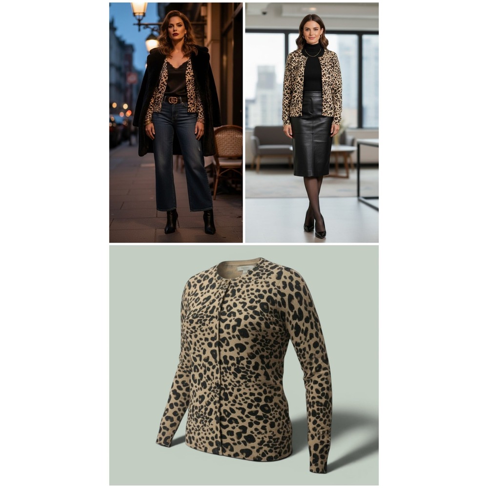 Liz Claiborne Cardigan S Tan Black Cheetah Silk Blend Button Front Sweater